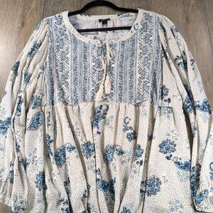 Torrid Top Womens 2X Multicolor Print Peasant Long Sleeve Tassel Tie BOHO Flowy